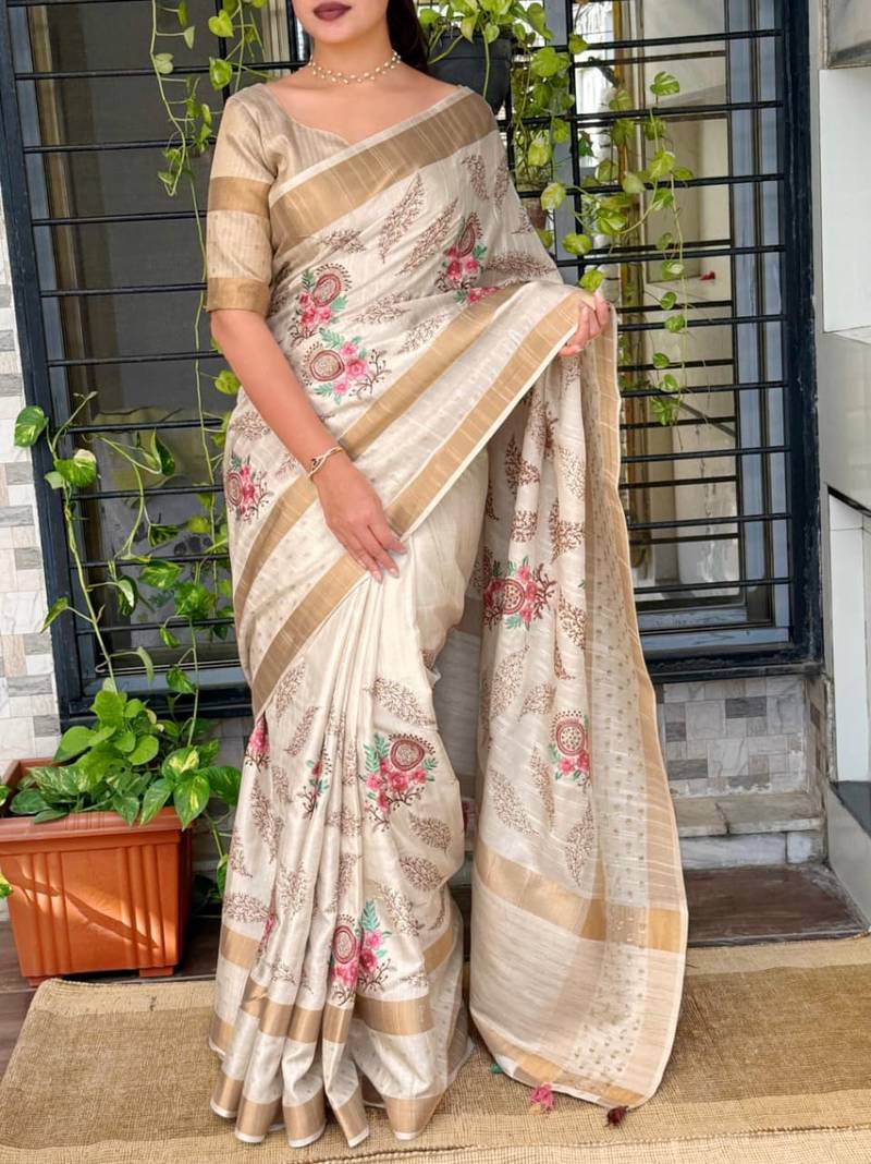 off white multi thread tusser cotton saree