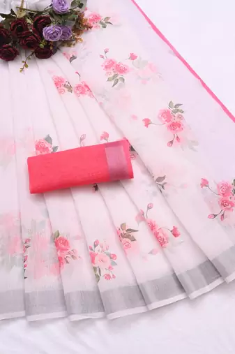 white printed pure cotton white saree with blouse