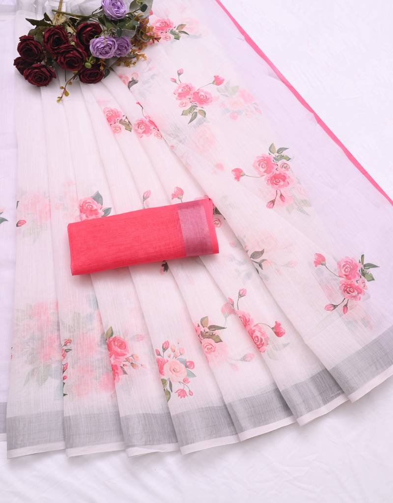 white printed pure cotton white saree with blouse