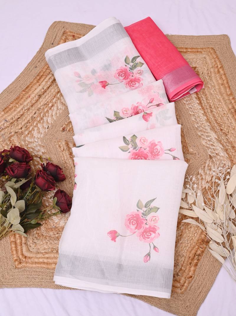 white printed pure cotton white saree with blouse