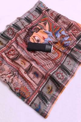 orange printed pure cotton orange saree with blouse 9