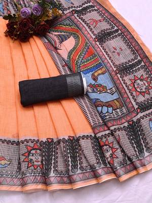 orange printed pure cotton orange saree with blouse 10