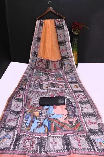 orange printed pure cotton orange saree with blouse