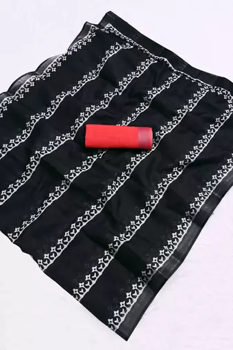 black printed pure cotton black saree with blouse