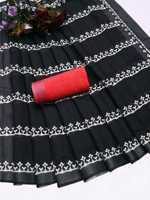 black printed pure cotton black saree with blouse 7