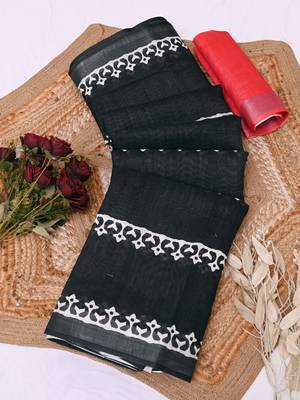 black printed pure cotton black saree with blouse 9