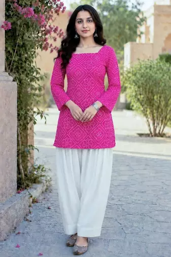 Women's bandhej printed straight top with pant set for women