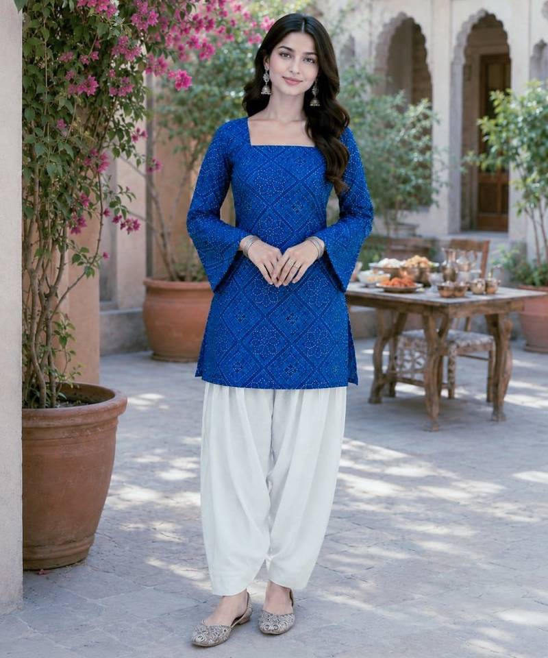 Women's bandhej printed straight top with pant set for women