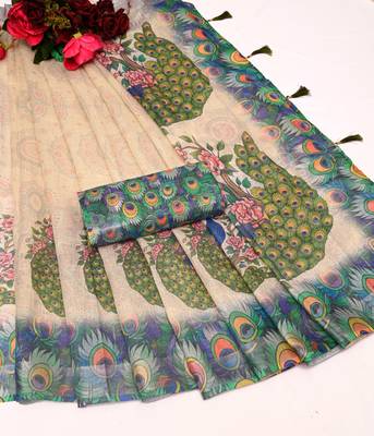 Beige pure cotton printed printed saree with blouses 6