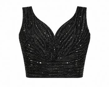 Black beads work shiny georgette partywear saree with full of beads work blouse fabric. 5