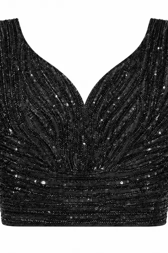 Black beads work shiny georgette partywear saree with full of beads work blouse fabric.