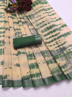 beige printed pure cotton beige saree with blouse 6