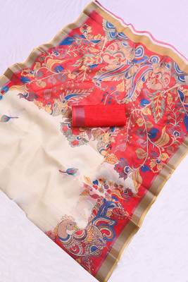 white printed pure cotton white saree with blouse 9