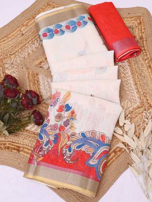 white printed pure cotton white saree with blouse 6