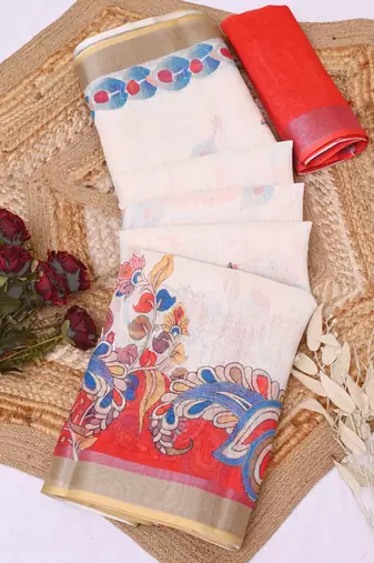 white printed pure cotton white saree with blouse