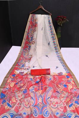 white printed pure cotton white saree with blouse 9
