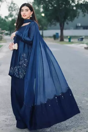 Navy blue silk blend embroidered farshi salwar