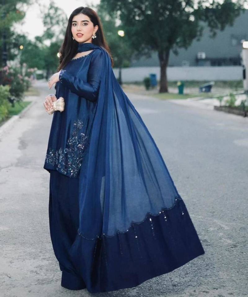 Navy blue silk blend embroidered farshi salwar