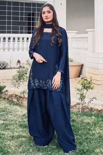 Navy blue silk blend embroidered farshi salwar
