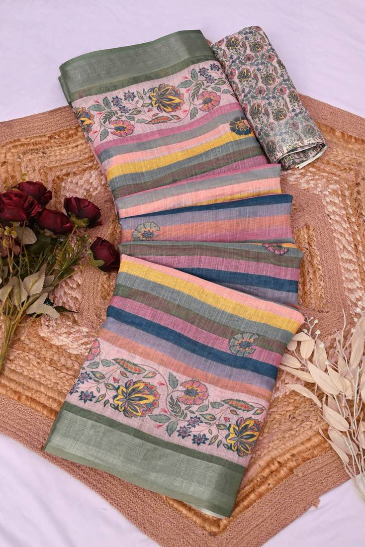 multicolor printed pure cotton multicolor saree with blouse