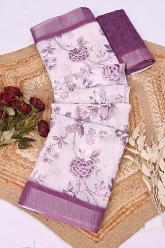 Purple printed pure cotton multicolor saree with blouse