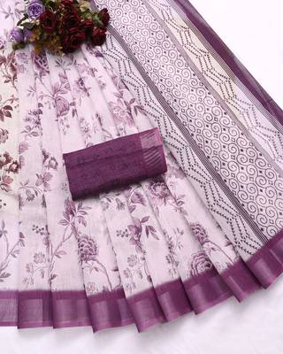 Purple printed pure cotton multicolor saree with blouse 7