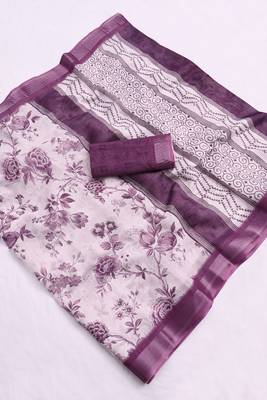 Purple printed pure cotton multicolor saree with blouse 9