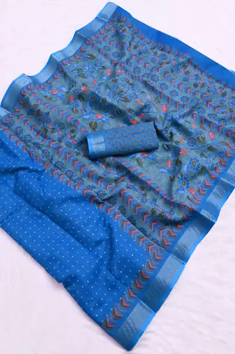 blue printed pure cotton blue saree with blouse