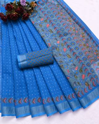 blue printed pure cotton blue saree with blouse 8