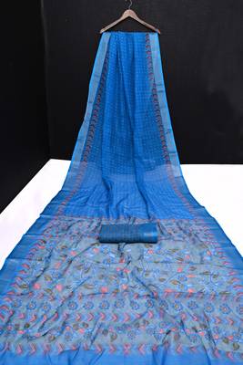 blue printed pure cotton blue saree with blouse 9