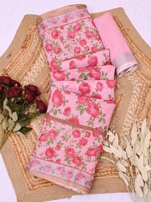 pink printed pure cotton pink saree with blouse 6
