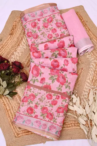 pink printed pure cotton pink saree with blouse