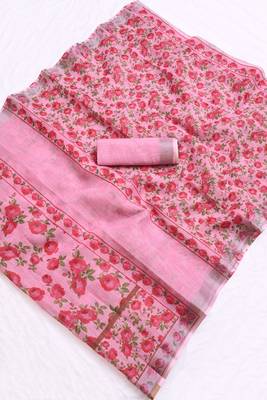 pink printed pure cotton pink saree with blouse 7