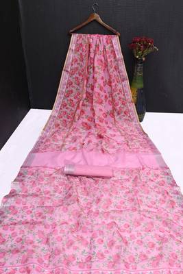 pink printed pure cotton pink saree with blouse 8