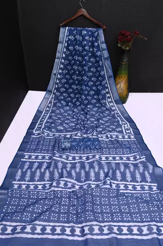 blue printed pure cotton blue saree with blouse