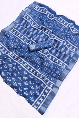 blue printed pure cotton blue saree with blouse 7
