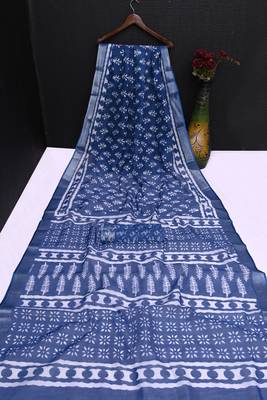 blue printed pure cotton blue saree with blouse 6
