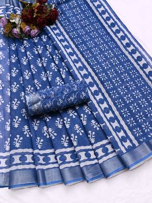 blue printed pure cotton blue saree with blouse 8