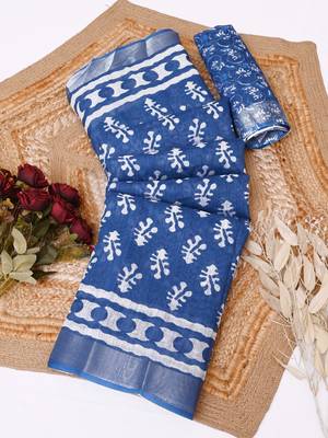 blue printed pure cotton blue saree with blouse 9