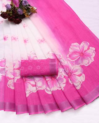 white printed pure cotton white, pink saree with blouse 6