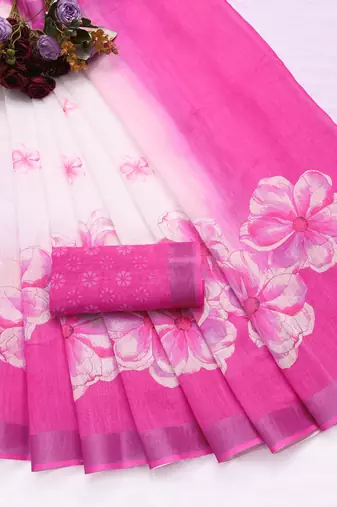 white printed pure cotton white, pink saree with blouse
