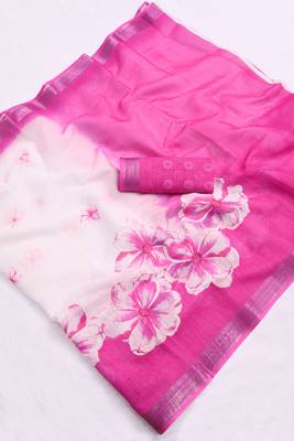 white printed pure cotton white, pink saree with blouse 7