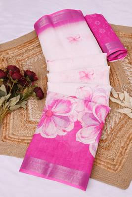 white printed pure cotton white, pink saree with blouse 8