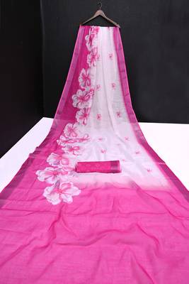 white printed pure cotton white, pink saree with blouse 10