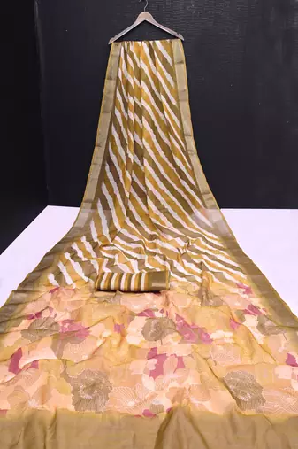 brown printed pure cotton brown saree with blouse