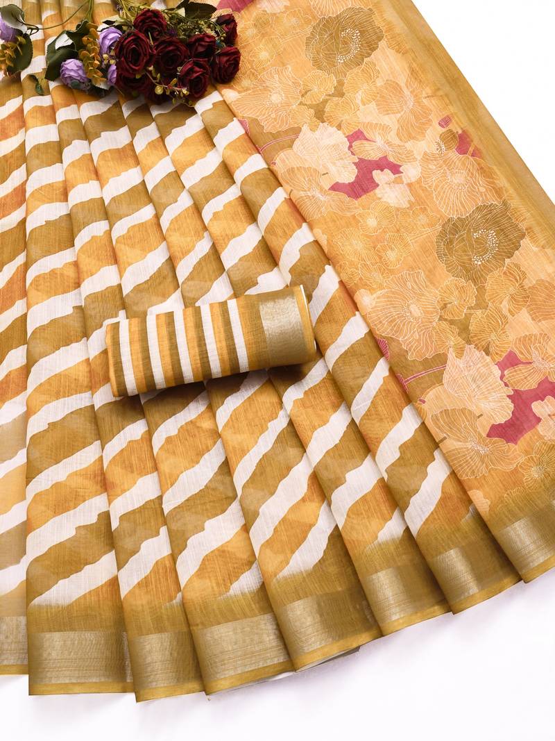 brown printed pure cotton brown saree with blouse