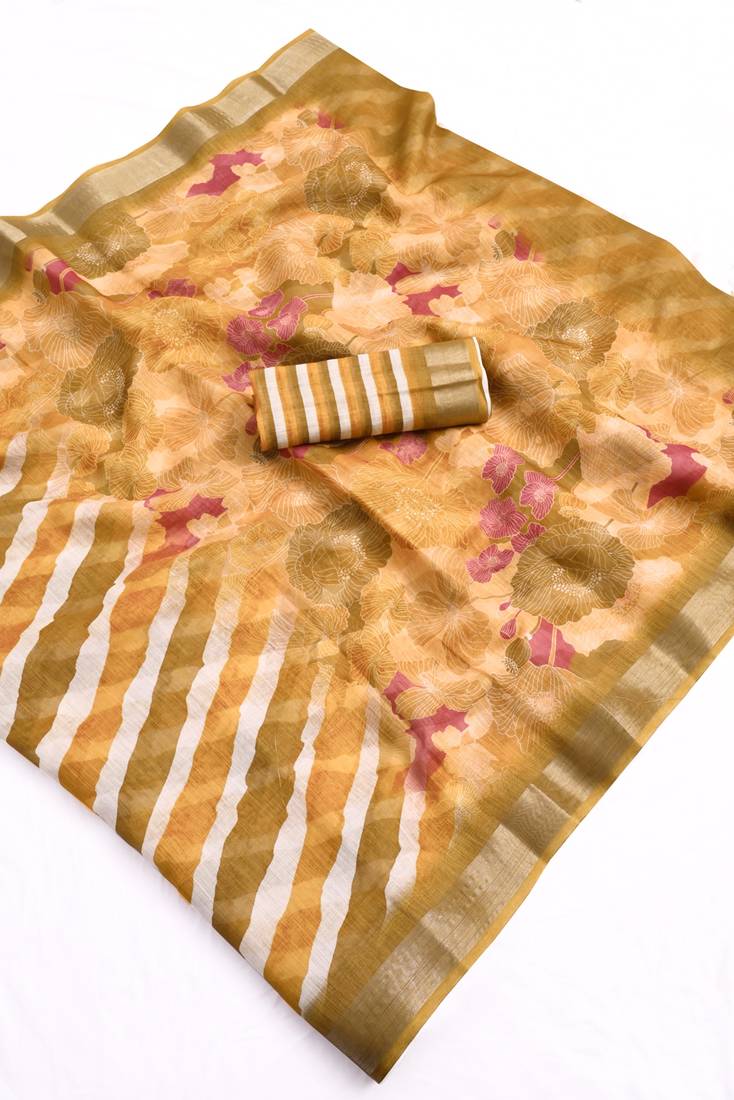 brown printed pure cotton brown saree with blouse