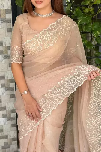 peach thread embroidery simmer saree