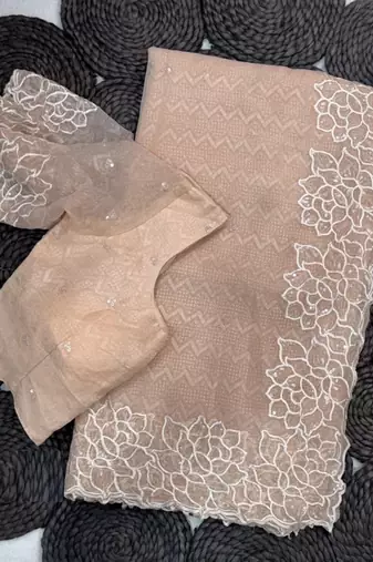 peach thread embroidery simmer saree
