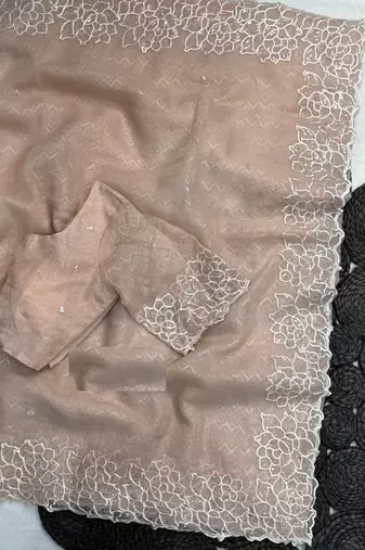 peach thread embroidery simmer saree